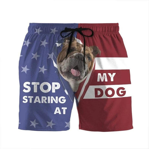 GEARHUMAN 3D STOP STARING AT MY DOG BULLDOG CUSTOM BEACH SHORTS SWIM TRUNKS