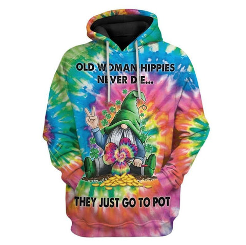 Old Woman Hippie Never Die Hoodie Gnome Shamrock St Patrick's Day Clothes HT