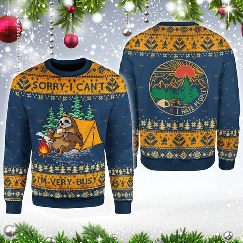 Sorry I Can’t I’m Very Busy Sloth Ugly I Hate People Christmas Knitting Pattern 3D All Over Printed Camping Shirt