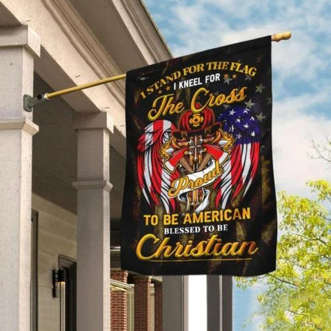 Stand For The Flag Kneel For The Cross Christian Firefighter Flag