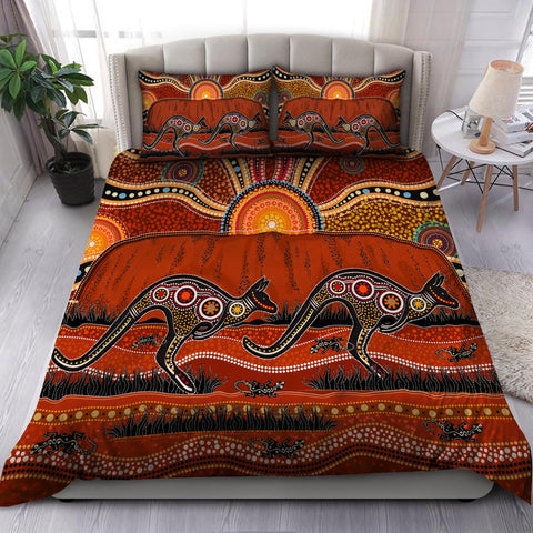 Aboriginal Bedding Set, Australia Kangaroo running Lizard Art Bedding Set