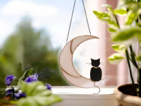 BLACK CAT ON THE MOON Window Decor Ornament