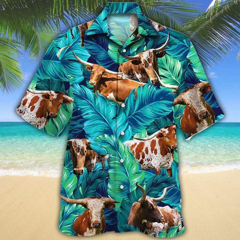 Texas Longhorn Hawaii Shirt Green TX LONGHORN CATTLE LOVERS HAWAIIAN SHIRT