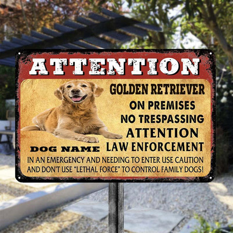 Attention Golden Retriever on Premises - Custom Classic Metal Signs