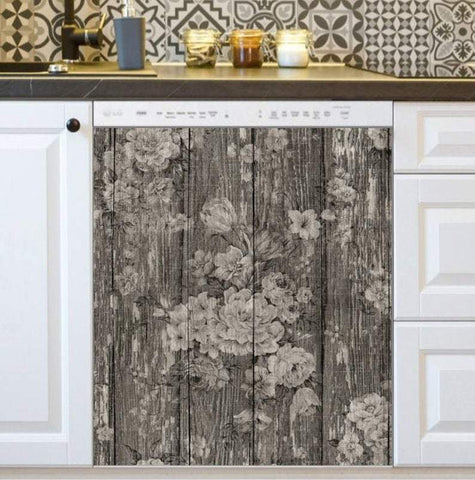 Kitchen Dishwasher Cover - Flowers on Dark Wood